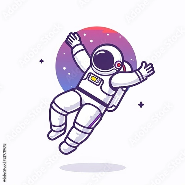 Fototapeta A cartoon astronaut is jumping in the air with his arms outstretched