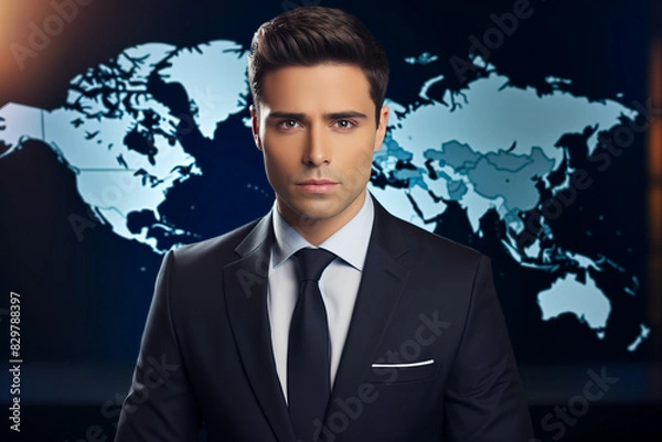 Fototapeta Professional reporter journalist in front of camera making breaking news reportage Generative AI picture
