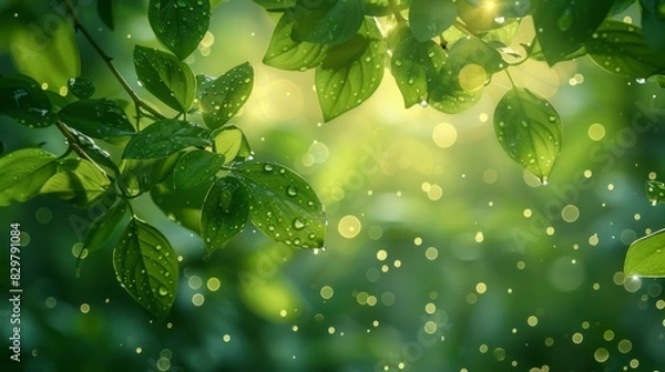 Fototapeta Vibrant green leaves covered with dew drops with a bokeh effect in the luminous background