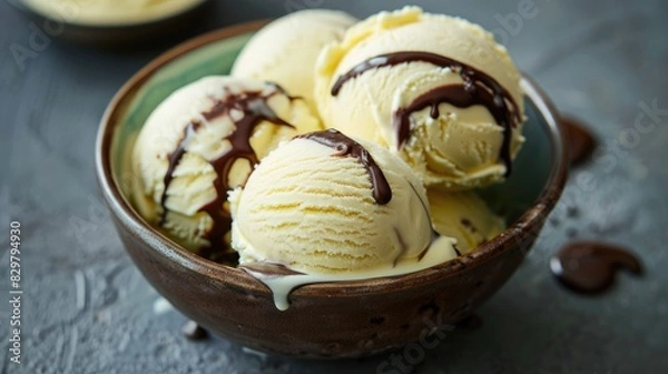 Fototapeta Vanilla ice cream scoops with chocolate glaze in a bowl photographed from a bird s eye view
