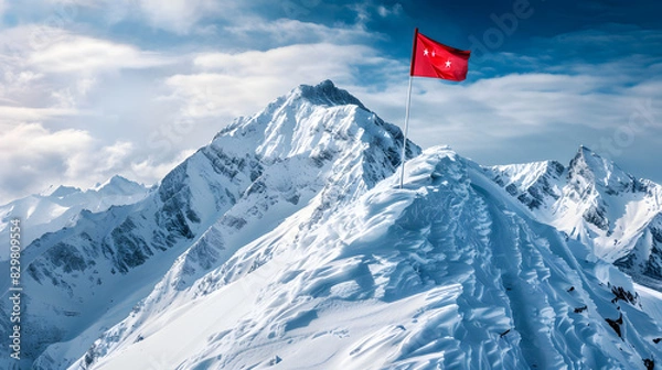 Fototapeta Panoramic image of red flag on snowy mountain peak , background for business achievements concept
