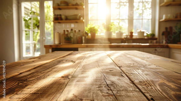 Fototapeta A brown wooden table top in a cozy kitchen interior, with daylight flare bokeh and a blurred background