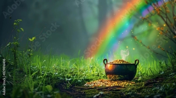 Fototapeta A pot of gold at the end of a rainbow, nestled in a lush green field. The vibrant colors of the rainbow and the gleaming gold create a sense of wonder and fantasy.