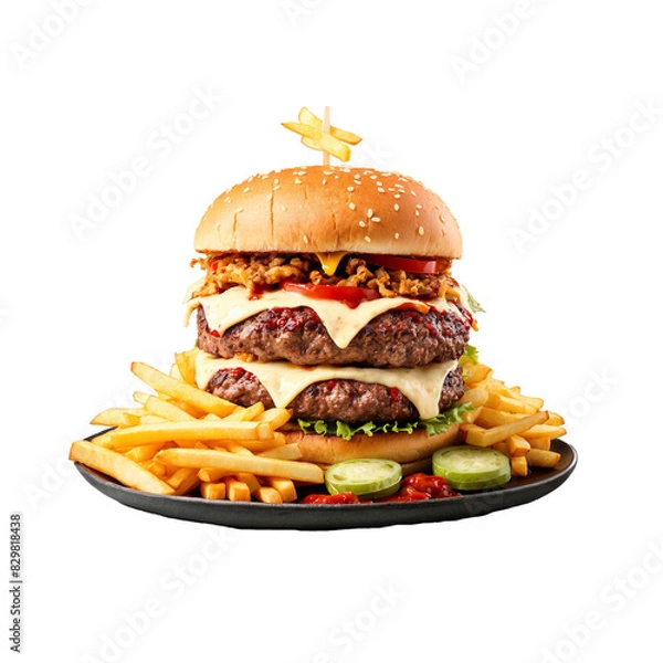 Fototapeta generative ai big beef burger on a plate with a transparent background