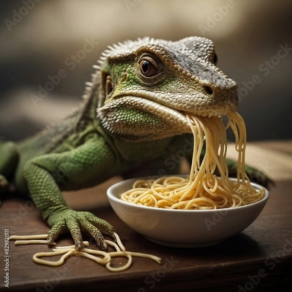 Fototapeta Vibrant and whimsical stock photo of a colorful lizard enjoying a bowl of noodles. This eye-catching image features the lizard with a multi-colored body, showcasing bright and contrasting hues that ad