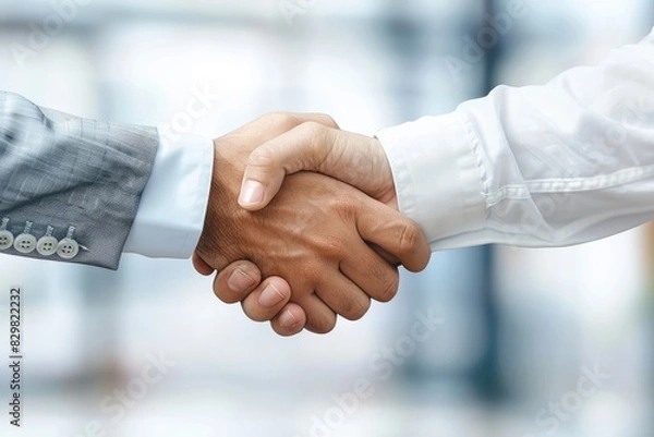Obraz Two business professionals shaking hands firmly, signifying a successful partnership and mutual agreement in a corporate setting