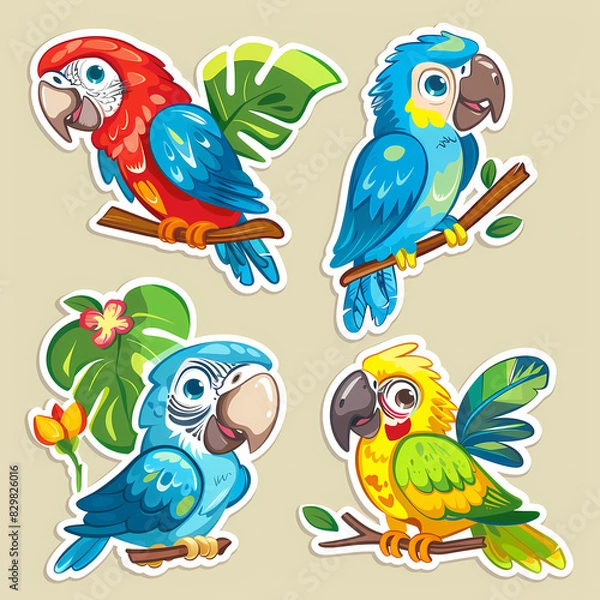 Fototapeta a Set Cute parrot on a White Canvas Sticker,vector image