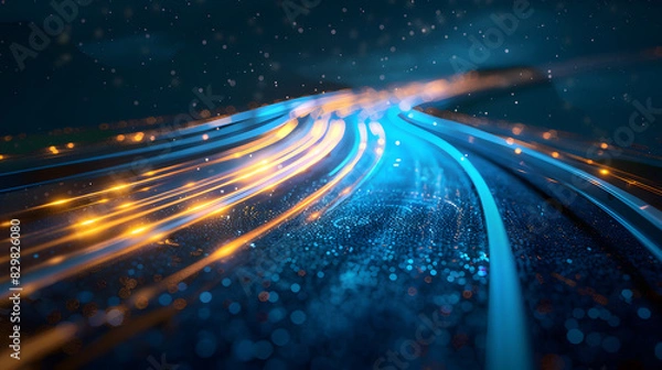 Fototapeta Abstract road with blue light trails , data transfer speed and digitization concept