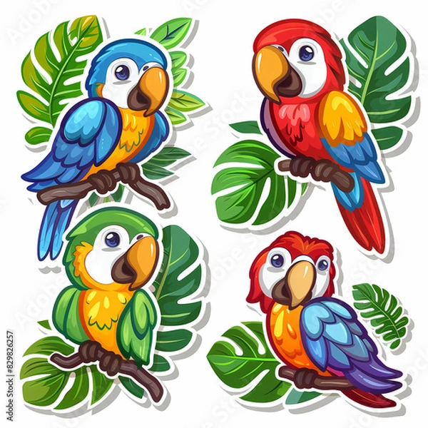 Fototapeta a Set Cute parrot on a White Canvas Sticker,vector image