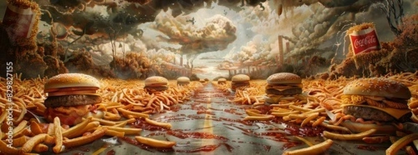 Fototapeta A surreal image of a fast-food paradise, with mountains of burgers generated by AI