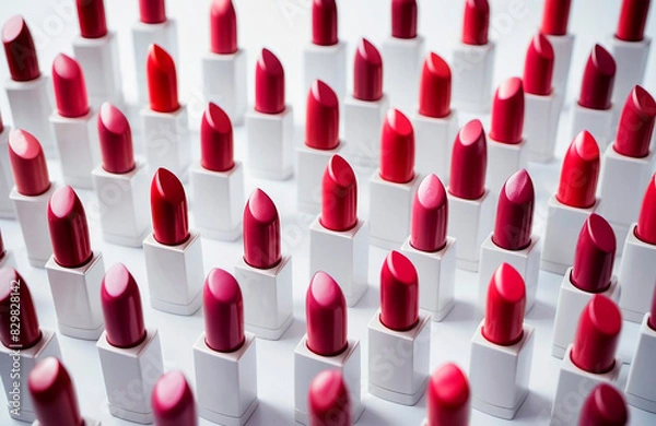Fototapeta Collection of red lipsticks, all with their caps removed and arranged in precise rows on a pristine white surface. Lipsticks pattern.