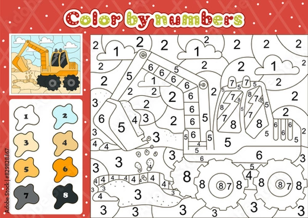 Fototapeta Car themed coloring page by number for kids with cute excavator, printable educational worksheet in cartoon style