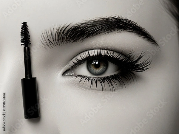 Fototapeta Tiny Mascara on the background of woman's face. Beautiful eye and brow with make up.