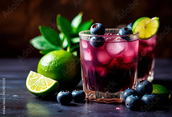 Fototapeta Refreshing beverage, garnished with a lime slices and blueberries. The cocktail is in a glass, filled with ice cubes, and accompanied by whole lime and blueberries on a dark surface.