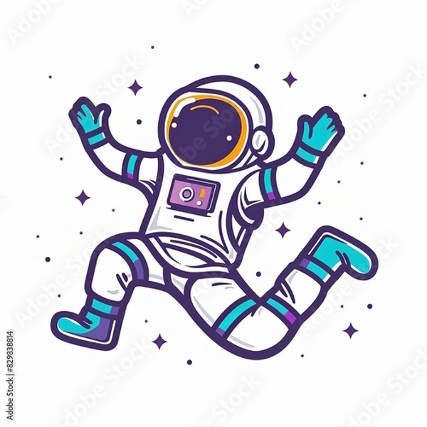 Fototapeta A cartoon astronaut is jumping in the air with a camera in his hand