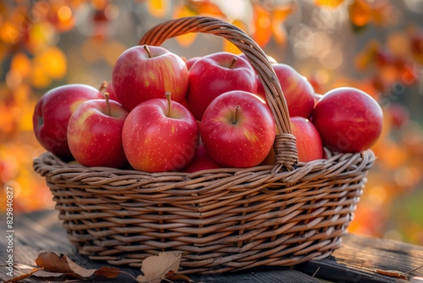 Fototapeta Fresh Red Apples in a Wicker Basket on a Rustic Table. Fresh red apples in a wicker basket on a rustic wooden table with a blurred nature background