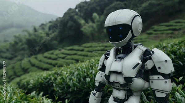 Obraz A white humanoid robot with a black visor standing in lush green valley