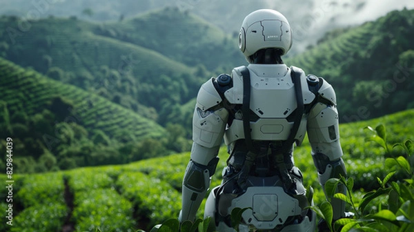 Obraz A white humanoid robot with black eyes and no hair, wearing an advanced combat suit, standing in the middle of green tea fields surrounded by dense forests