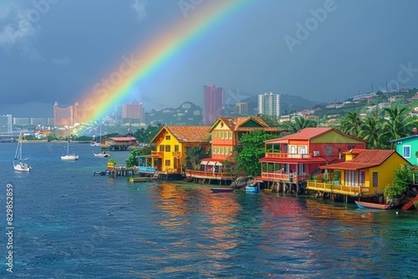 Obraz A beautiful rainbow arching over a colorful waterfront cityscape against a backdrop of evening lights