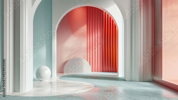 Fototapeta A modern architectural interior with arched doorways, red and blue walls, and a white sphere on a marble floor