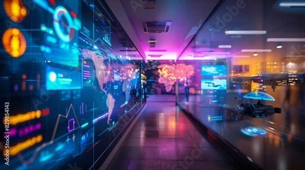 Fototapeta Futuristic Military Base with Advanced Defense Systems and Diverse Personnel in Action, Highlighting Technological Innovation