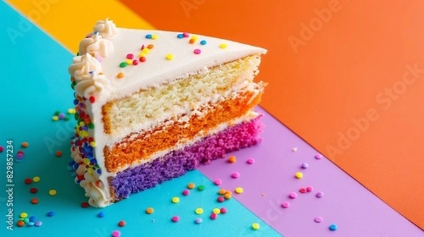 Fototapeta A slice of colorful layered cake with white frosting and rainbow sprinkles on a vibrant, multicolored background