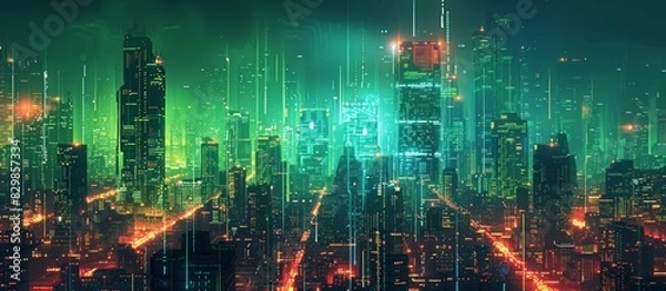 Fototapeta Futuristic Cityscape Illuminated with Neon Lights, Hi-Tech Urban Landscape, futuristic technology concept, graphic banner design