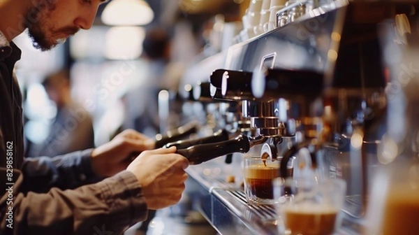 Fototapeta Barista Making Espresso: In a busy coffee shop, a barista expertly pulls shots of espresso, ensuring the perfect balance of flavor and crema