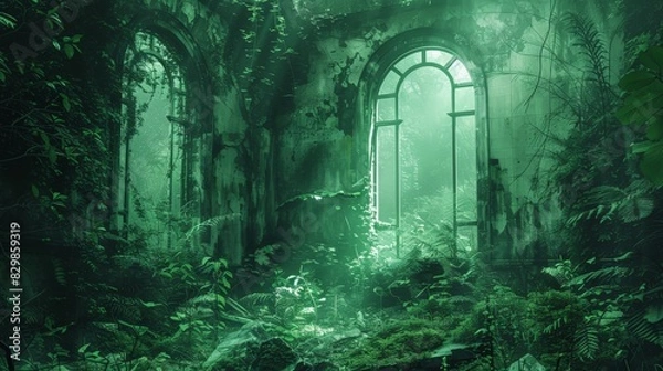 Fototapeta Illustrate an abandoned place with a minimalist approach. Depict a deserted, crumbling building with overgrown vegetation and broken windows. Use stark contrasts and clean lines to create a chilling,