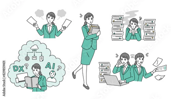 Obraz 忙しい経理職のビジネスパーソンの様々なビジネスシーンのイラストセット