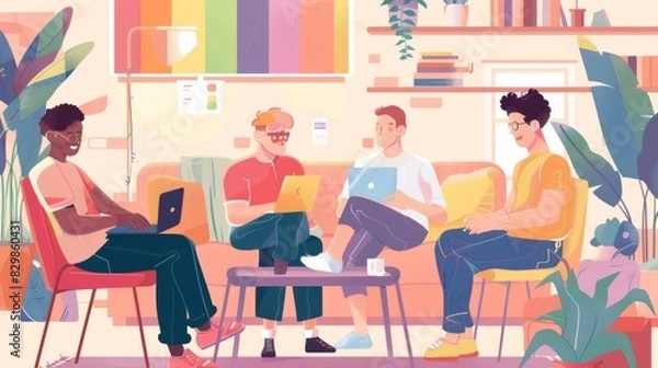 Fototapeta An inclusive remote work environment with LGBTQ employees connecting from various European locations. --ar 16:9 --style raw Job ID: 8d0483fe-d0af-49dc-a709-bbee597fee63