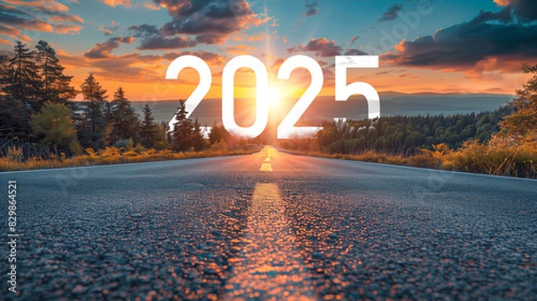 Fototapeta 2025 New Year road trip travel with nature landscape and highway road leading forward for happy new year celebration in the beginning of 2025 concept, Photo by AI generative