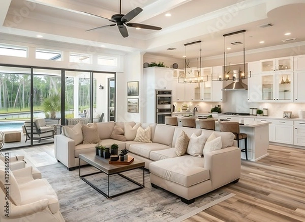Fototapeta Modern living room and kitchen of new home in Florida with light wood floor, beige sofa set, white cabinets and island counter in the background, ceiling fan hanging from the ceiling