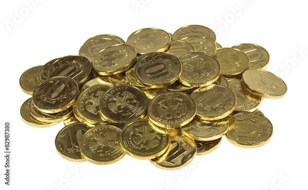 Obraz Россыпь 10 рублевых монет. Изображение изолированное.
