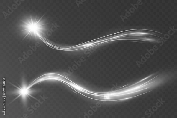 Fototapeta Light white wave and spotlight shine effect,glow line sparkle shine. Silver white wavy effects.

