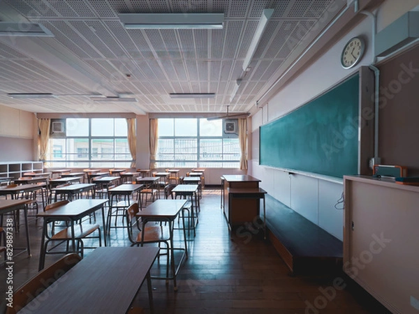 Obraz Typical Japanese classroom with desks and chairs, a platform, and a blackboard.
