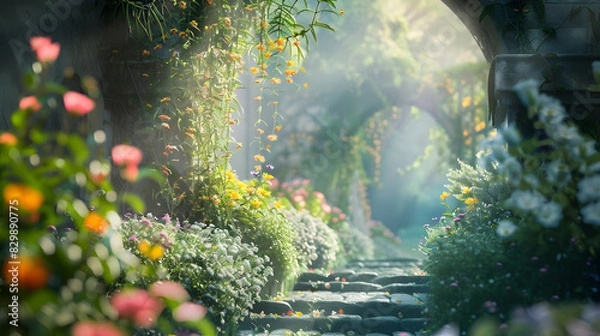 Fototapeta beautiful secret fairytale garden with flower background. Generative AI.