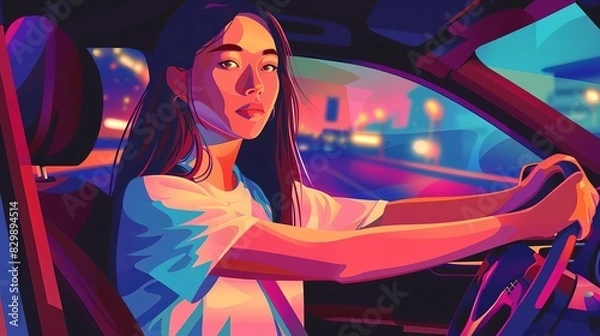 Obraz beautiful asian woman driving car confident female driver illustration generative ai