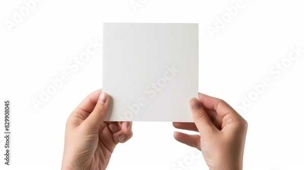 Fototapeta hand holding blank square paper sheet cut out on white background