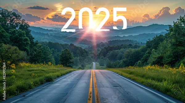 Fototapeta 2025 New Year road trip travel with nature landscape and highway road leading forward for happy new year celebration in the beginning of 2025 concept, Photo by AI generative