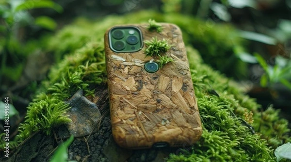 Fototapeta A stunningly designed, compostable phone case, crafted from natural materials, rests peacefully on a bed of vibrant moss