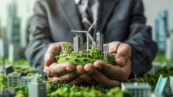 Fototapeta Businessman holding a model of wind power with a city and buildings in the background. The concept of sustainable energy with a green environment, a closeup view of hands in a suit showing a miniature