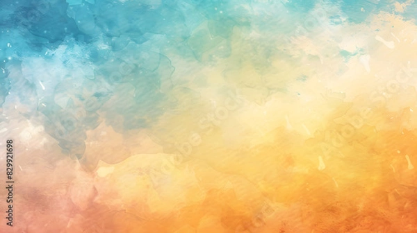 Fototapeta Colorful watercolor background of abstract sunset sky with paint blotches and soft blurred texture in blue green yellow beige and orange gradient background. Generative AI.