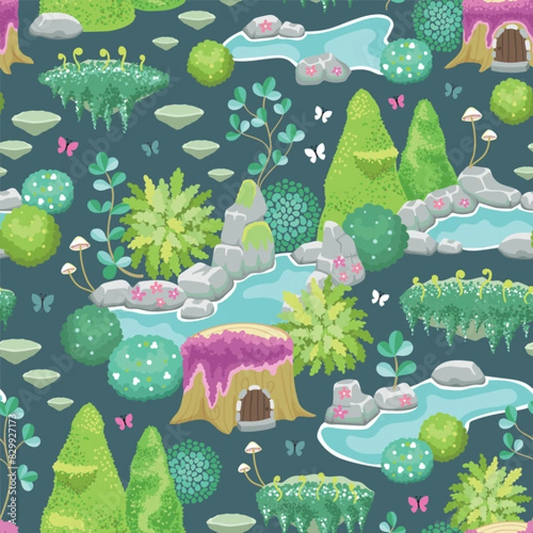 Obraz Ponds, rocks covered with green and purple moss, leaves, butterflies and log houses on a dark blue background.  Seamless repeated surface vector pattern design.