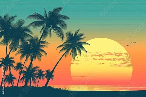 Obraz a sunset with palm trees and the ocean, Design a minimalist beach sunset with silhouettes of palm trees