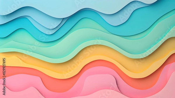 Fototapeta Cover or flyer template with abstract paper cut blue green pink yellow background. Vector template in carving art style. Generative AI.