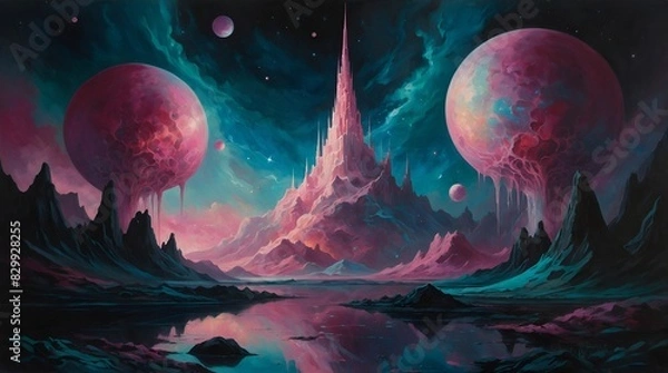 Fototapeta In a mesmerizingly surreal alien landscape, swirling nebulae dance in iridescent hues of pink and teal against a velvety black sky.