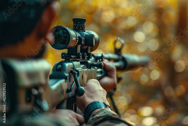 Fototapeta Generative ai on theme of a man aims through the optical sight of sniper rifle to hit the target