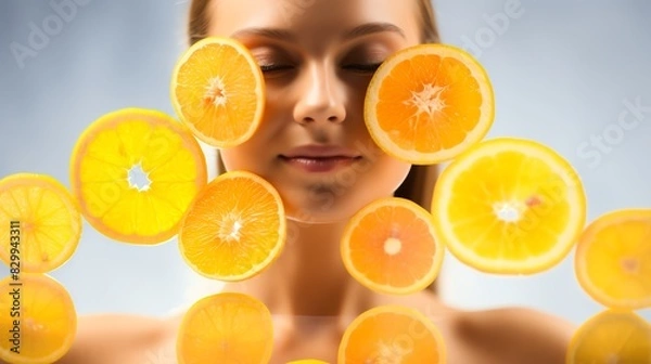 Fototapeta A double exposure of human skin with citrus fruits like oranges and lemons, representing skin health and vitamin C.