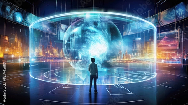 Fototapeta generated illustration of man watching multimedia wall